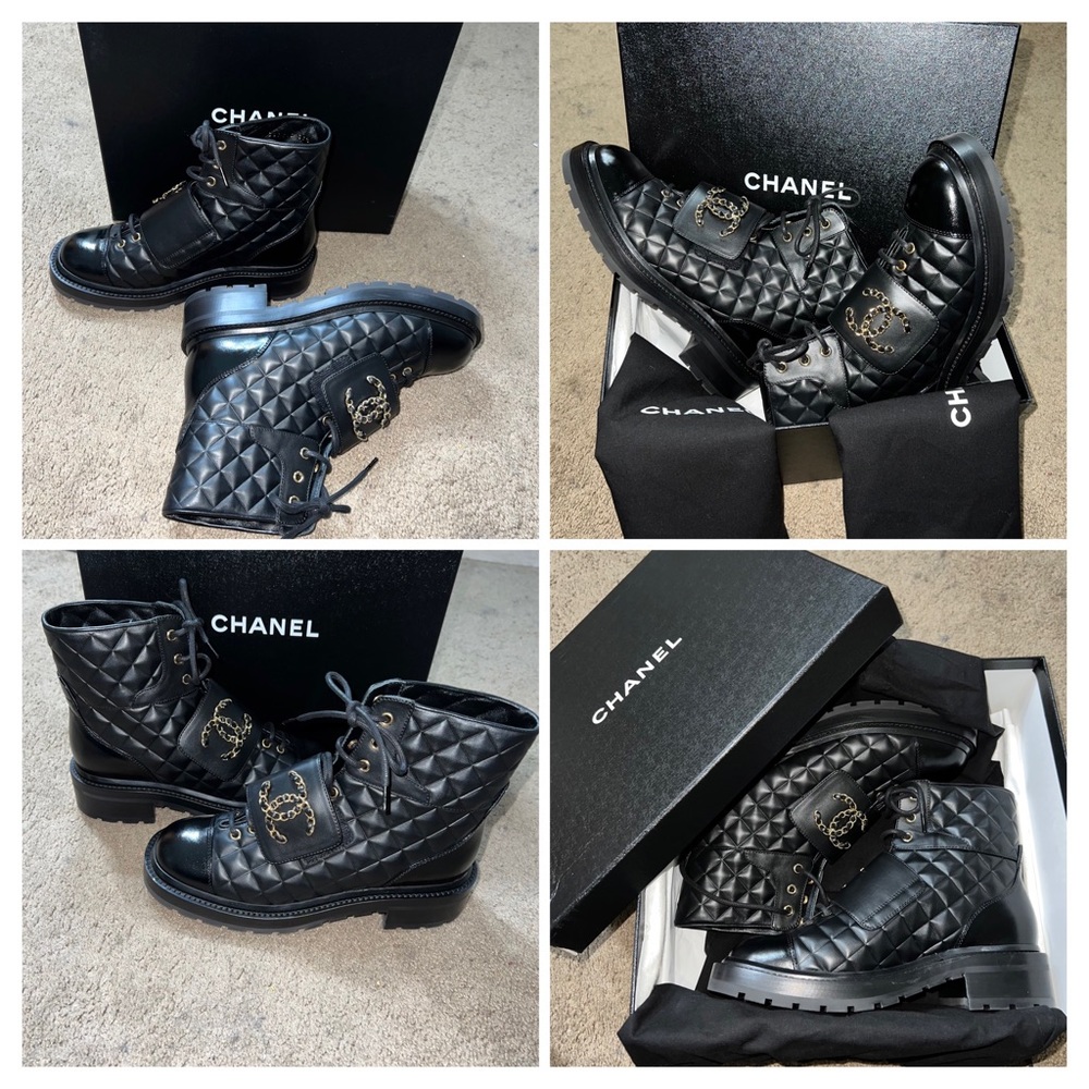 Chanel Lace Up Calfskin & Shiny Calfskin Leather Boots - Picture 9 of 16